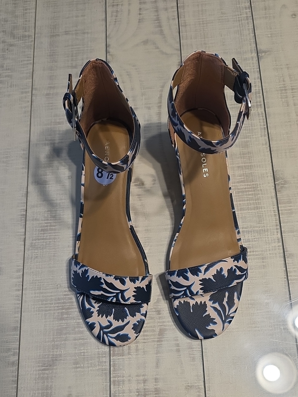 AEROSOLES Navy and Blush Floral Ankle-Strap Wedge Shoes Size 8.5